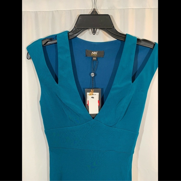 NWT $360 ABS by Allen Schwartz Split‎ Deep V-Neck Gown in Peacock [SZ XS ] - Picture 4 of 8